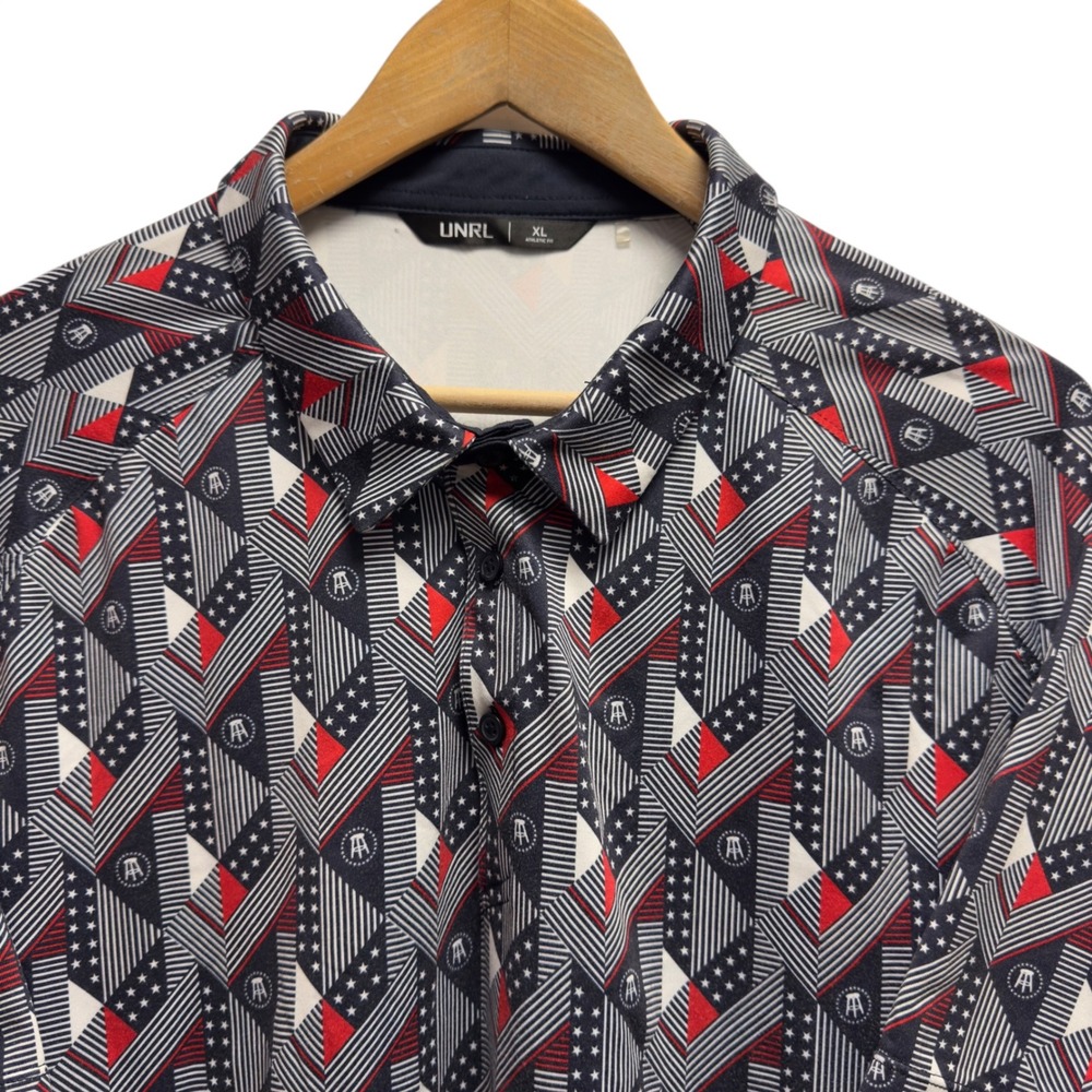 UNRL Men's Sz XL Athletic Fit Navy Geometric Barstool Sports Golf Polo Shirt euc